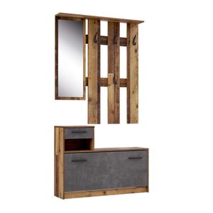 FORTE Foxi Kompaktgarderobe inklusive Spiegel, Holzwerkstoff, Old Wood VintageNachbildung, 97.5 x 25 x 180 cm