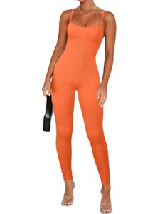 Damen Overalls Rundhals Jumpsuits Casual Lange Hosen Bodycon Strampler Lange Hosen Orange,Größe S