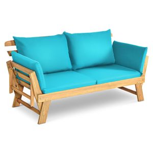 GOPLUS Gartenbank Holz, Gartensofa mit Liegefunktion, 2-3 Sitzer Holzbank mit klappbaren Seitenlehnen, inkl. Auflage, Balkonbank, Sitzbank Outdoor für Garten, Terrasse, Balkon, 157 x 75 x 75cm (Blau)