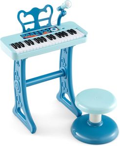 COSTWAY 37 Tasten Kinder Keyboard, Kinderklavier elektronisch mit Hocker, Mikrofon & Notenständer, Kinderpiano mit Abnehmbarer Beinen, Klaviertastatur für Kinder ab 3 Jahren (Blau)