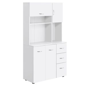 HOMCOM Küchenschrank, Hochschrank mit 4 Türschränken und 3 Schubladen, Standschrank, Aufbewahrungsschrank mit 3 offenen Fächern, Weiß, 89 x 39,5 x 168 cm
