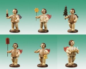 Holzfigur Weihnachtsengel 6tlg. mit Weihnachtssachen und Krone natur Höhe 6,5cm NEU