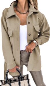 ASKSA Women's Single Breasted Shirt Jacket Long Sleeve Cardigan Coat Plain Outwear with Belt, Khaki, S