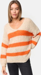 PM SELECTED Trendiger Damen Strickpullover mit Streifen Candy Stripes Pullover Wollpullover Pulli Warm PM67 Beige Einheitsgröße Gr. 34 - 38