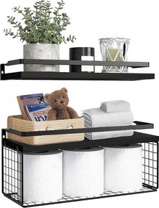 Wandregal, Regalwand, 2er-Set, schwebende Regale aus Holz mit Drahtkorb, Regalbrett, Wandregal, Gewürzregal, Hängeregal für Badezimmer, Schlafzimmer, Wohnzimmer, Waschküche