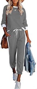 ASKSA Damen Sportswear 2 Teilig Streifen Lose Jogginganzug Set mit Taschen Freizeitanzug Homewear(Grau,XL)