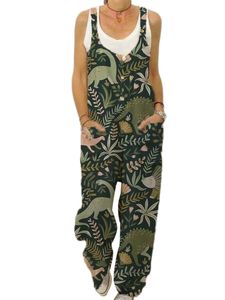 Damen mit Weitbein -Overalls im Sommer Tierdruck Lange Hosen Freizeitknöpfe Dekor Strampler, Farbe:1 grün, Größe:2xl