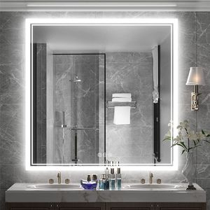 WISFOR LED koupelnové zrcadlo čtvercové XL, koupelnové zrcadlo s osvětlením 80 cm, s dotykovým spínačem, proti zamlžování, stmívatelné, 3 barvy světla, IP64, úspora energie