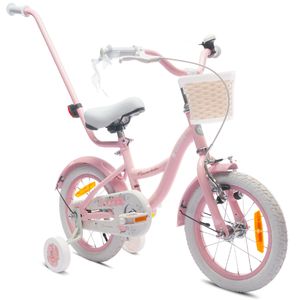 Mädchenfahrrad 14 Zoll Glocke Zusatzräder Schubstange Flower Bike rosa