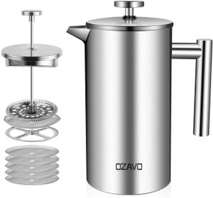 OZAVO Kaffeebereiter OZ230, 6 Edelstahl-Filter Φ9.5cm, Kaffeekanne, 1L Doppelwandig French Press System, Doppelwandig Edelstahl Kaffepresse