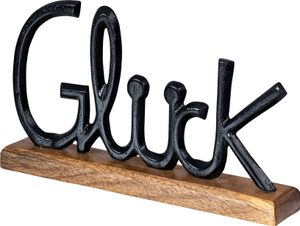 Schriftzug Glück L30cm Metall Schwarz Mango Holz Tischdeko Deko Aufsteller