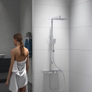 Sprchový systém SCHÜTTE OCEAN, nerezová dešťová sprcha s termostatem a poličkou, sprchová hlavice, sprcha