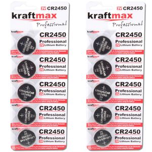 Kraftmax 10er Pack CR2450 Lithium Hochleistungs- Batterie / 3V CR 2450 Knopfzelle für professionelle Anwendungen - Neuste Generation