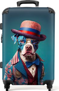NoBoringSuitcases.com® Großer Koffer - Hund - Hut - Jacke - Blumen - Blau - Kombinationsschloss TSA - Hartschalen Trolley 4 Rollen - 72 liter - Reisekoffer - 66 cmKoffer Mittelgroß 67x43x25 cm, 72L,