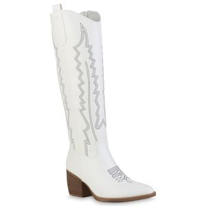 VAN HILL Damen Cowboystiefel Stiefel Stickereien Schuhe 840262, Farbe: Weiß, Größe: 39