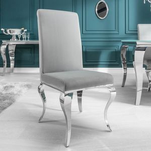 Stylischer Design Stuhl MODERN BAROCK grau Stuhlbeine aus Edelstahl Samtoptik Lehnstuhl Esszimmerstuhl