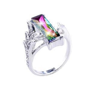 Eleganter Frauen-Quadrat-Regenbogen-Zirkonia-Fingerring-Hochzeitsschmuck-Geschenk-Silber,US 8