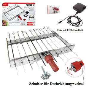 Mangal Schaschlik Spießdreher Edelstahl Sesam für 11 Spieße Akkumotor + Powerbank+USB