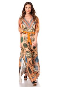 Atixo Damen Premium-Kaftan mit Strass Maxikleid Sommerkleid Tunika-Kleid, Größe:One Size, Farbe:karamell/beige/grün