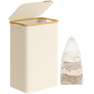 SONGMICS Wäschekorb mit Deckel, 90 L, herausnehmbarer Wäschesack, Griffe aus Bambus