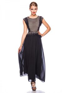 Atixo Damen Abendkleid mit Stickerei Partykleid Maxikleid, Größe:S/M, Farbe:schwarz/beige