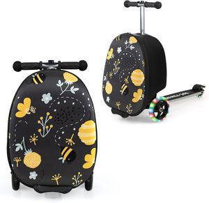 COSTWAY 2 v 1 dětská koloběžka a dětský kufr, s LED kolečky, 26l dětský vozík s brzdou, pro děti od 5 let (včela a květina)