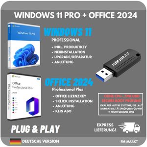 Windows 11 Professional + Microsoft Office 2024 Professional Plus | 32GB USB 3.2 Stick | inkl. Lizenzschlüssel |  OHNE TPM 2.0 | Bundle Set
