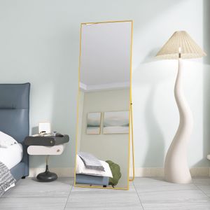 Fortuna Lai stojící zrcadlo v plné délce se zlatým kovovým rámem 165x60cm, HD velké šatní zrcadlo obdélníkové vysoké zrcadlo do obývacího pokoje nebo šatny, zlaté