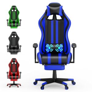 UISEBRT Massage Gaming Stuhl Gaming Sessel Bürostuhl Ergonomischer Gamer Stuhl mit Vibration Massage Lendenkissen, Kopfstütze & Fußstütze Blau