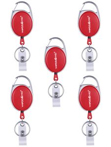 WEBBOMB 5x Ausweis Halter Rot mit JOJO Gürtel Clip & Schlüsselring 5 Stück Set Kartenhalter Ausweisjojo für Betriebsausweis ID Badge Holder SkipassHalter Rollerclip