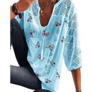 Damen Baggy Butterfly Print V-Ausschnitt Bluse Tops 3/4 Ärmel T-Shirt Tunika,Farbe: Blau,Größe:2XL