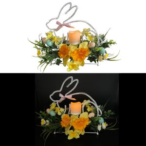 Osterhase mit LED Kerze, Kunstblumen, bunten Eiern und LED Beleuchtung - Deko für Frühling, Frühjahr und Ostern