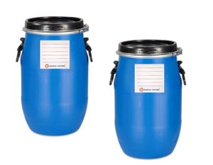 kanister-vertrieb® 2 Stück 30 Liter Deckelfass, Kunststofffass, Futtertonne, Fass, Plastikfass Farbe blau inkl. Etikett (2x30 D)