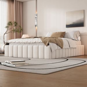 Flieks Polsterbett 140x200cm ohne Kopfteil, Stauraumbett Jugendbett mit 4 Schubladen, Doppelbett Holzbett Funktionsbett mit Lattenrost, Samt, Beige