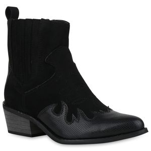 Mytrendshoe Damen Stiefeletten Cowboy Boots Prints Western Schuhe Booties 830162, Farbe: Schwarz, Größe: 36