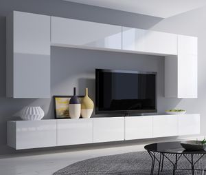 Moderne Wohnwand CALABRINI-13 Wohnzimmer-Set Hängewohnwand Schrankwand Hochglanz TV-Schrank Anbauwand (Weiß)