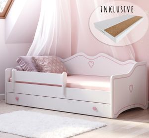 Mädchenbett Kinderbett Jugendbett 80x160 mit Matratze Rausfallschutz & Schublade | Prinzessin Kinder Sofa Couch Bett umbaubar weiß rosa