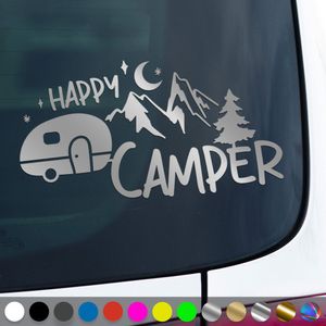 PantherPixel Camper Aufkleber Happy Glücklich Bus Wohnmobil Camping Sticker Auto Geschenkidee Farbe Silber