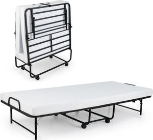 COSTWAY posteľ pre hostí 90x190 cm s matracom, skladacia jednolôžková posteľ, stabilná kovová posteľ do 220 kg, prenosná posteľ, skladacia posteľ, skladacia posteľ na kolieskach biela