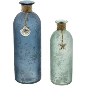 SIDCO Blumenvase 2 x Vase Flasche Maritim Flaschenvase Glas Muschel Seestern blau Deko