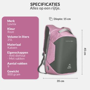 Anti-Diebstahl-Rucksack inklusive USB-Ladestation – Geeignet für Laptop – Diebstahlsicher und spritzwassergeschützt | Lovnix Tasche104 | Rosa