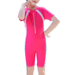Kinder-Badeanzug Jungen und Mädchen Teenager-Badeanzug Schwimmen Surfen kurzärmeliger konservativer einteiliger Badeanzug(XL, Rosenrot)