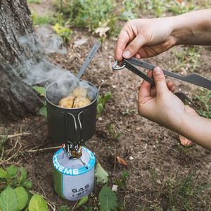 Navaris Titan Camping Besteck 3tlg. - Outdoor Messer Gabel Löffel inkl. Tasche - Ultraleichte 3in1 Essbesteck Kombi - Reisebesteck Set in Grau
