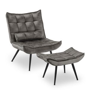 MCombo moderner Sessel Relaxsessel für Wohnzimmer, mit Taillenkissen, Retro Vintage Lesesessel Loungesessel Stuhl Polstersessel, 4779 (mit Hocker, Dunkelgrau-Mikrofaser)
