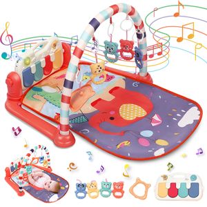 Spielmatte Lernmatte Krabbeldecke für Babys mit Spielbogen und Füßchenklavier, Baby Spieldecke Babybett Musik-Activity, orange
