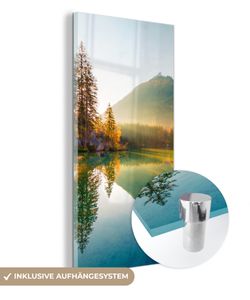 MuchoWow® Glasbilder - Bilder auf Wandbild - Foto auf Glas See - Wald - Berge - Natur - Sonne - Landschaft 20x40 cm Wanddekoration aus Glas - Acrylglasbild - Acrylbilder