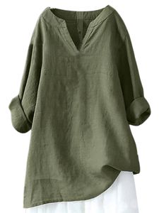 Damen Blusen V-Ausschnitt Langarmshirts Sommer Tops Baumwollshirt Leicht Weich Oberteile Armeegrün,Größe M