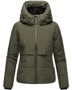 Navahoo Damen Winterjacke Outdoor Jacke Recycelt Vegan Übergangsjacke mit hohem Kragen gefütterte Kapuze Liebesküken XVI Dark Olive Gr: 42 - XL