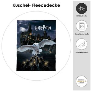 Harry Potter Kuscheldecke für Kinder 150x200cm · Motiv mit Hogwarts und Eule Hedwig in schwarz · extra flauschige Tagesdecke aus 100% Polyester