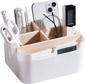 Organizer Schreibtisch Holz mit 5 Fächern, Multifunktionale Aufbewahrungsbox für Stifte Kosmetik (Weiß)
